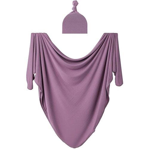 Bayceen Large Rayon Jersey Knitted Swaddle Blanket for Baby, Soft Stretchy Receiving Blanket for Newborns with Hat, Large 47 x 47 inches (Mauve)