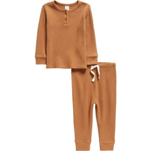 Baby Waffle Knit Cotton Henley & Joggers Set, 3M, Tan Thrush