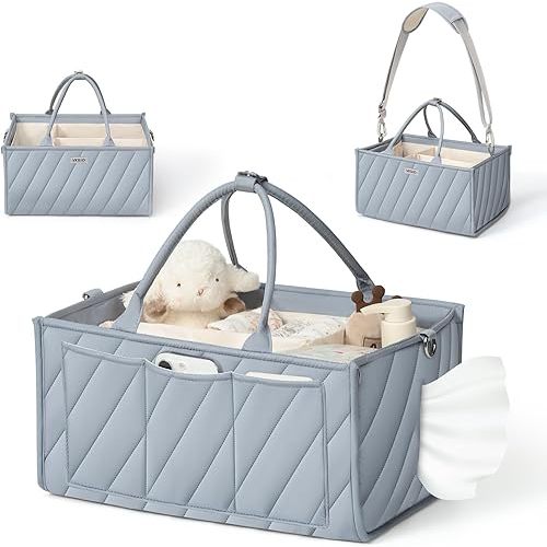 VKSAO Baby Boy Essentials Diaper Caddy Organizer – Portable Storage Basket with Shoulder Strap & Stroller Hooks, Splashproof Quilted Nursery & Car Tote, Baby Gifts for Baby Shower, Classic Blue