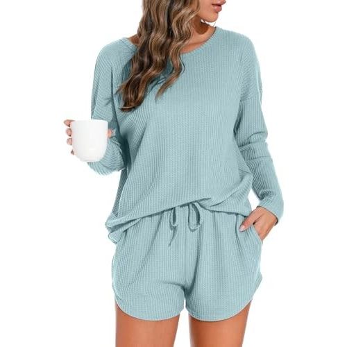 PrinStory Womens Waffle Knit Pajama Sets Long Sleeve Top and Shorts Matching 2 Piece Lounge Set Loungewear with Pockets