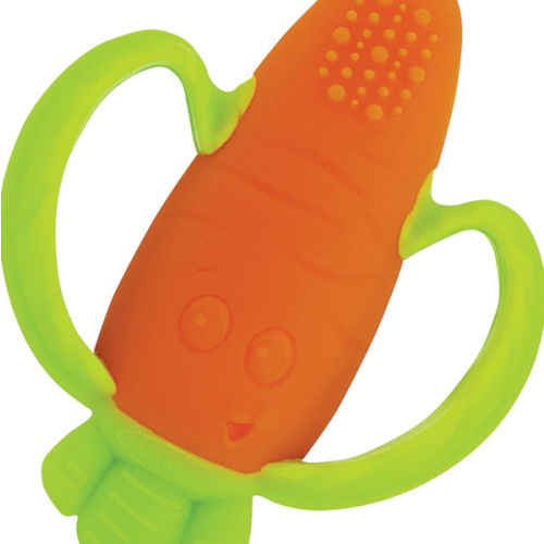 Infantino Lil' Nibbles Textured Silicone Baby Teether - Sensory Exploration and Teething Relief with Easy to Hold Handles, Orange Carrot, 0+ Months