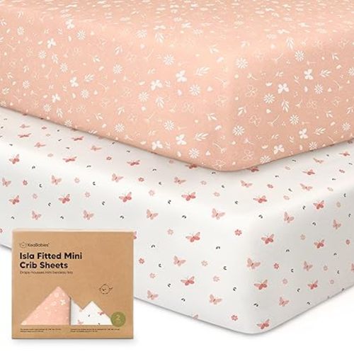 Pack and Play Sheets Fitted - 2-Pack Mini Crib Sheets for Pack N Play Mattress, Soft & Cozy, Neutral Toddler Playard Bedding, Snug Fitted Mini Baby Crib Mattress Cover Set for Boys,Girls(Butterflies)