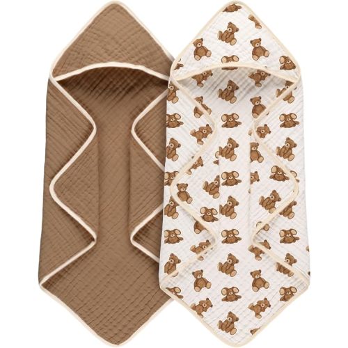 Hahafelt 2 Pcs Teddy Bear Baby Hooded Towels for Newborn 100% Muslin Cotton Baby Bath Towel with Hood for Babies Infant Toddler and Kids Large 32x32inch Soft Absorbent Kids Essential Gift