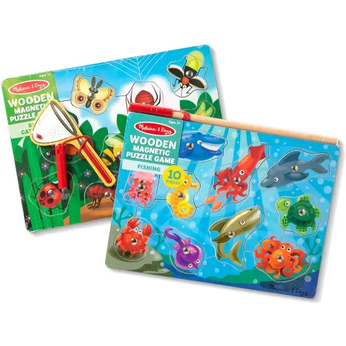 Melissa & Doug Magnetic Wooden Puzzle Game Set: Fishing and Bug Catching - Magnetic Games, Chunky Animal Puzzles For Toddlers And Kids Ages 3+