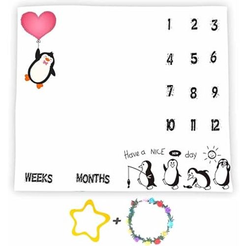 Penguin Baby Monthly Milestone Blanket, 48x40in Soft Flannel, Red Love Heart, Newborn Mom Gifts, Baby Shower Age Growth Tracker with Bonus Maker BTYYSS31