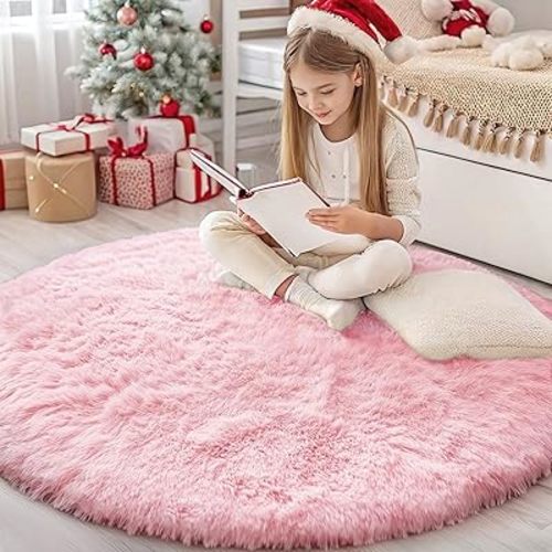 OLANLY Pink Round Rugs for Bedroom - Machine Washable, 4x4 Feet Circle Area Rugs for Living Room, Soft and Fluffy Shaggy Carpet for Teen Girls and Boys, Dorms, Nursery Rooms, Home Decor Aesthetic