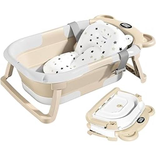 TPN Collapsible Baby Bathtub, Baby Bath Tub with Soft Cushion & Real-Time Thermometer, Baby Bathtub Infant to Toddler Tub (0-36 Months), Portable Newborn Travel Bath tub