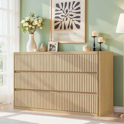 Natural 6 Drawers Dresser for Bedroom, 48" Wide Wood Chest of Deep Drawers with Curved Profile, Handleless, Modern Fluted Dresser TV Stand, Storage Closet Drawer Organizer for Bedroom