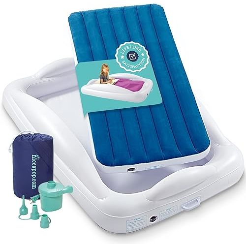 Hiccapop Inflatable Toddler Travel Bed with Safety Bumpers [4-Sided] | Portable Toddler Bed for Kids | Toddler Air Mattress | Kids Air Mattress - Navy Blue