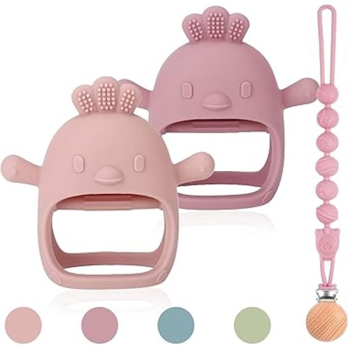 3 Packs Baby Teether Toy for 0-6 6-12 Months,Hold & Wear,BPA Free,Food Grade Silicone Teething Mitten, Anti Dropping Wrist Hand Teethers Baby Chew Toys for Sucking Needs(Pink & Dark Pink)