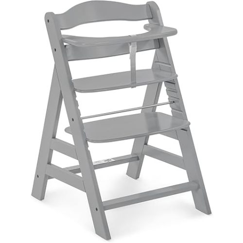 hauck Alpha+ Grow Along Solid Beechwood Boosted Highchair with Adjustable Seat, 5 Point Safety Harness, and Bumper Bar for Infants and Toddlers, Grey