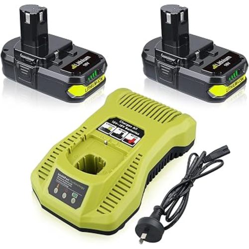 Masione 3.6Ah 2Pack Lithium P102 Replacement for Ryobi 18V Battery and Charger Combo Compatible with Ryobi Battery and Charger P117B with P102 P103 P189 P190 P109 P122 Cordless Tool Batteries