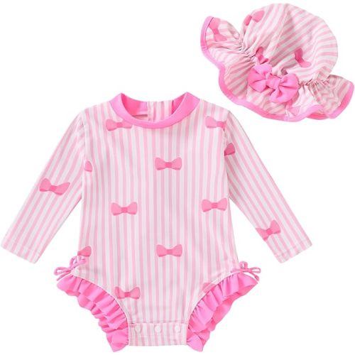 Infant Baby Swimsuit Girl Long Sleeve UPF 50+ Sun Protection One-Piece Rash Guard with Hat Zipper Bathing Suit