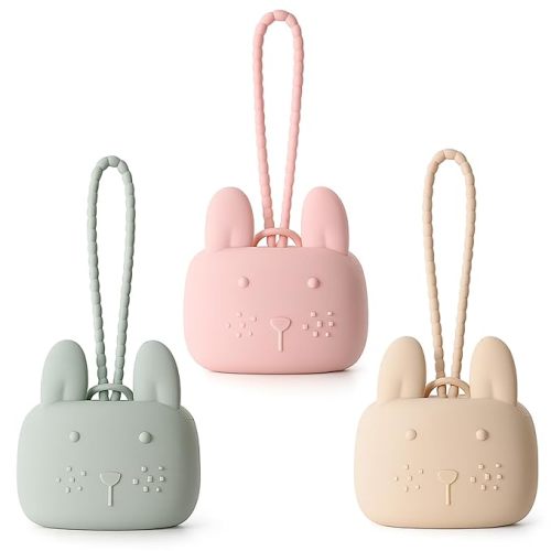 Pacifier Holder Case Silicone Bunny Design Pacifiers Pouch with Soft Silicone Strap, Travel Storage for Stroller & Diaper Bag, Pacifier Holder Pouch for Baby, Set of 3 Beige Dusty Green Pink