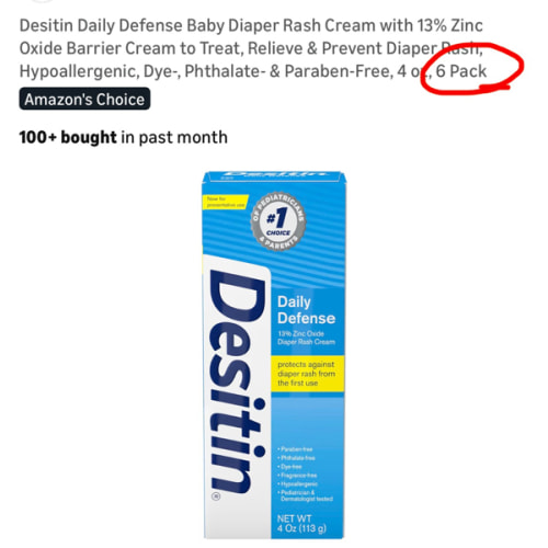 Desitin Daily Defense Baby Diaper Rash Cream with 13% Zinc Oxide Barrier Cream to Treat, Relieve & Prevent Diaper Rash, Hypoallergenic, Dye-, Phthalate- & Paraben-Free, 4 oz, 6 Pack