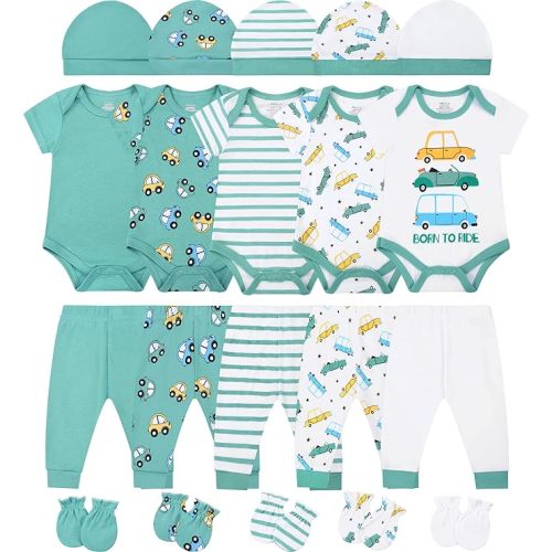 ABeCue Baby Boy Layette Essentials Set Newborn Girl Clothes Pack Infant Gift Sets 20-Piece - 0-3 Months - Green Car