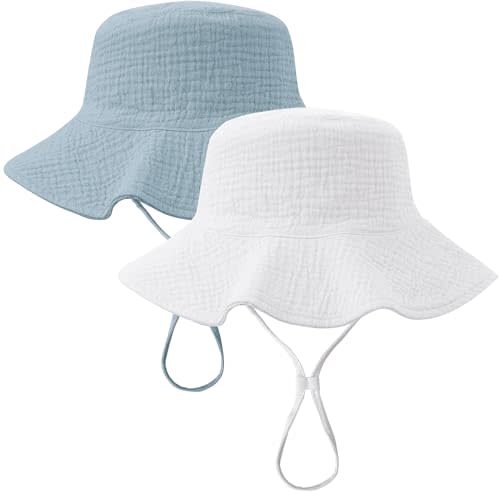 Konssy 2 Pack Muslin Baby Sun Hat UPF 50+ Sun Protection Baby Bucket Hat Summer Beach Hats with Wide Brim for Boys & Girls