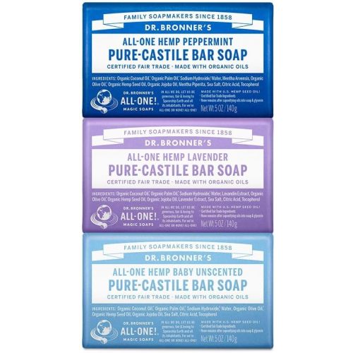 Dr. Bronner's Pure-Castile Bar Soap- Made with Regenerative Organic Oils- For Face, Body, Hair & More- Vegan, All Natural Soap Bar for Men & Women- Variety 3-Pack, Peppermint Lavender, Unscented