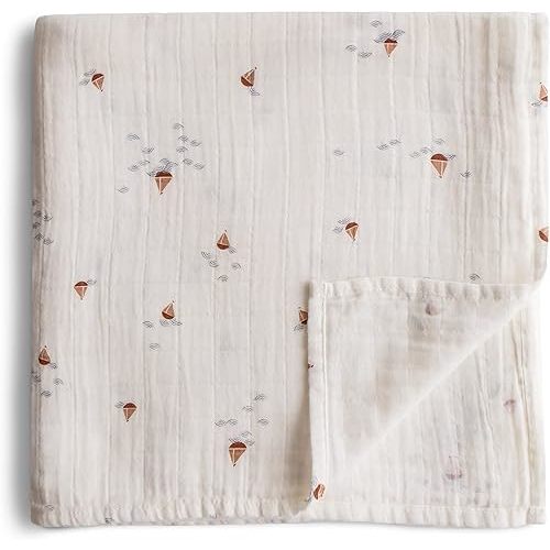 mushie Muslin Baby Swaddle Blanket | 100% Organic Cotton (Boats)