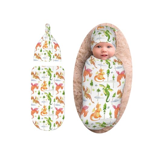 Sozzjile Dragon and Tree Print Swaddle Blanket with Beanie Set, Dragon Theme Baby Stuff Newborn Blanket Swaddle Sack for Girls Boys