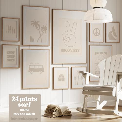 Surf Nursery Boys Wall Art Bundle, Coastal Decor, Surfing Prints, Beach Bedroom Gallery Wall, Boho Coastal Vibe, Beige Digital Prints, Whale