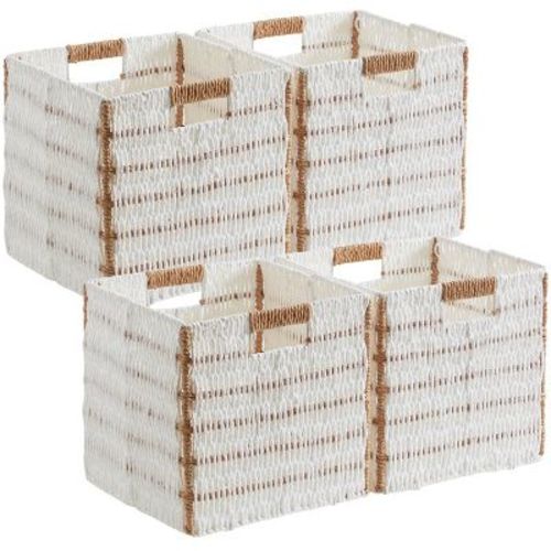Ornavo Home 4 Pack Paper Wicker Storage Shelf Basket Cube Bin With Handles - 10.5" Inch - White/brown