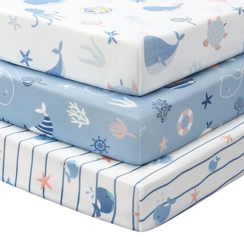 Baby Crib Sheets for Boys and Girls, 3 Pack Toddler Bed Sheets for 52”x28” Standard Toddler Mattresses, Soft Microfiber Fitted Crib Sheets Neutral Blue Ocean Whale