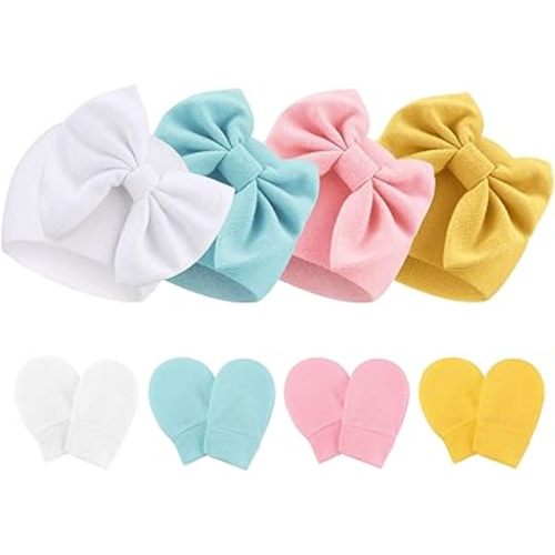 Newborn Baby Hats and Mittens Set Infant Bow Beanie Cap Toddler Gloves Newborn Hospital Hats for Baby Boy Girl 0-6 Months