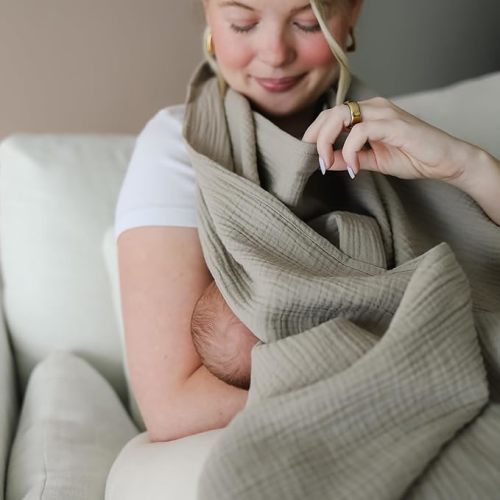 snuggle me® Nursing Cover - 100% Organic Cotton Muslin Nursing Cover Up for Breastfeeding with a BPA-Free Silicone Teether Ring, Ultra-Soft & Lightweight (33.5″ × 39.4″)