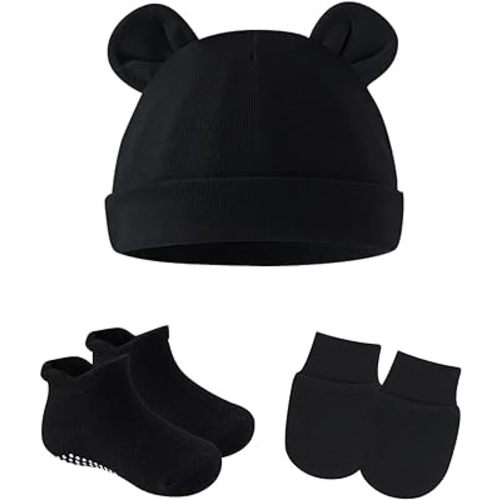 Cotton Ears Baby Hats Mittens with Socks Set Unisex, No Scratch Mittens and Beanie Cap for Infant Toddler Newborn