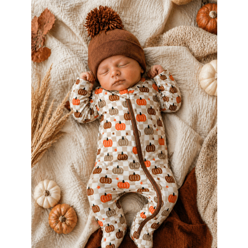 2-Way Zip Footie, Pumpkin Checkerboard – SpearmintLOVE