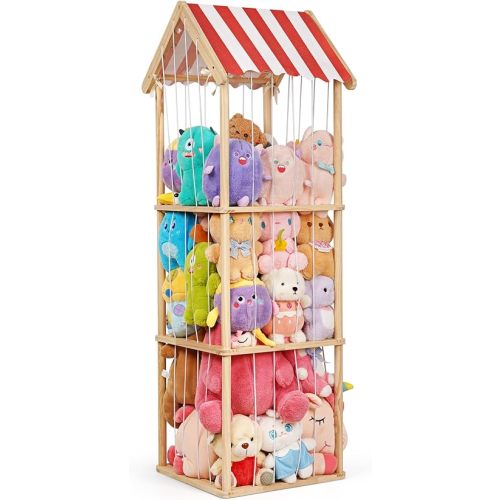 Stuffed Animal Storage, Space Saving Vertical Stuffed Animal Holder Wood, Easy Assembly Cottage-Style Plush Toys Organizer for Kids Bedroom & Playroom (Wood)