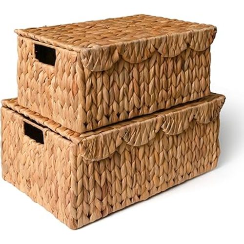 KOKODO Set of 2 Scalloped Wicker Baskets – Handwoven Rectangular Water Hyacinth Storage Baskets with Lid and Handles for Organizing, Bathroom, Living Room & Shelf Décor – Rattan Organizing Bins