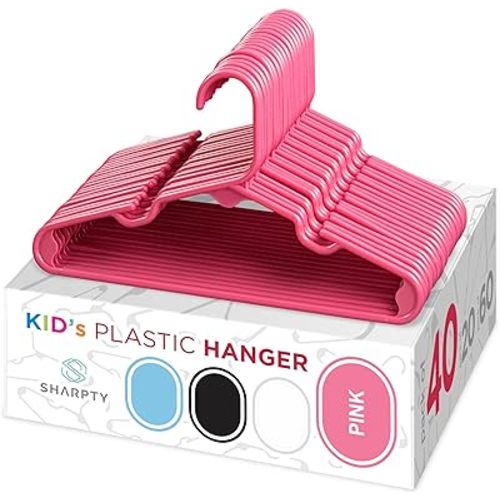 Sharpty Kids Plastic Hangers, Children's Hangers for Baby, Toddler, and Child Clothes - Everyday Standard Use - Ideal for Boys and Girls Closet, Clothing, Pants, Coats, and More - Pink, 40 Pack