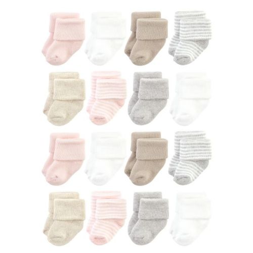 Hudson Baby Cotton Rich Baby Terry Socks 16-pack, Pink Gray Stripe, 6-12 Months
