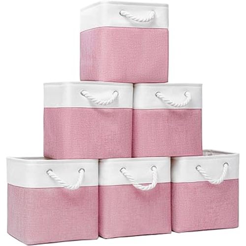 Cubos de almacenamiento de tela plegables con asas, cubos de almacenamiento de 11 pulgadas (blanco/rosa, paquete de 6)