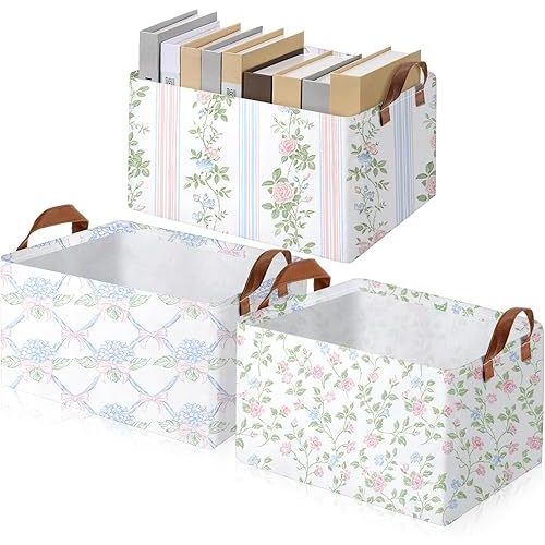 Boao 3 Pcs Blue Hydrangea Storage Bin Fresh Style Floral Collapsible Large Storage Baskets for Gifts Canvas Laundry Basket Foldable Box with Handle for Office Home Bedroom Clothes