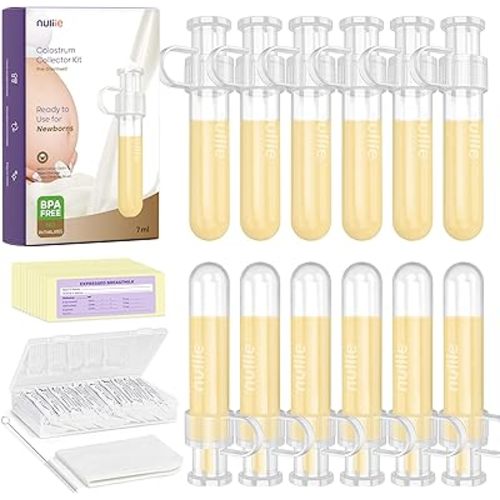 Nuliie Colostrum Collector Kit 7ml/12pcs, Leakproof, Reusable Breast Milk Collector, Heat & Freezer Resistant, BPA-Free, With Cotton Cloth Wipe, Storage Case, Cleaning Brush -Ready-to-Use for Newborns