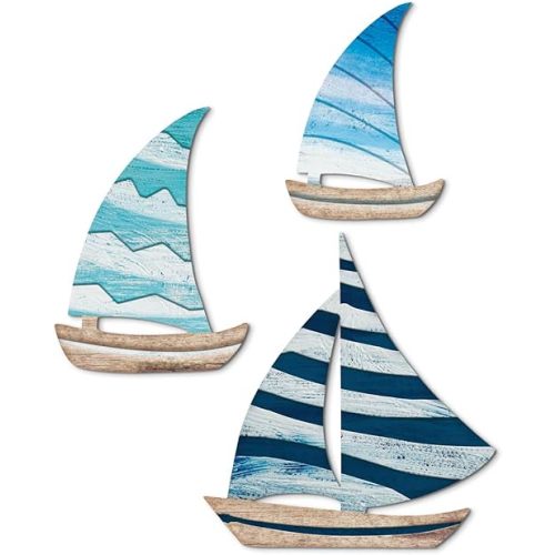 Putuo Decor Wooden Sailboat Wall Art Set of 3, Coastal Nautical Decor Self-Adhesive Sculptures, Beachy Lake House Wall Decor for Japandi Bedroom Bathroom Nursery