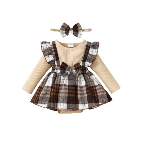 KIMI BEAR Newborn Baby Girls Winter Bodysuits 0-3 Months Cute Clothes Fake 2pcs Ruffle Long Sleeves Knit Romper Dress Plaid Print Bowknot One-piece Overalls Outwear with Headband Khaki