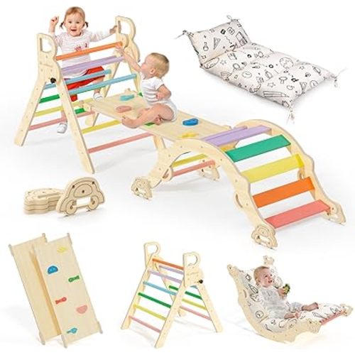 BlueWood Pikler Triangle Set with Cushion, 8-in-1 Climbing Toys for Toddlers, Montessori Philosophy Play Jungle Gym with Arch, Ramp, Ladder(Sunshine Rainbow)