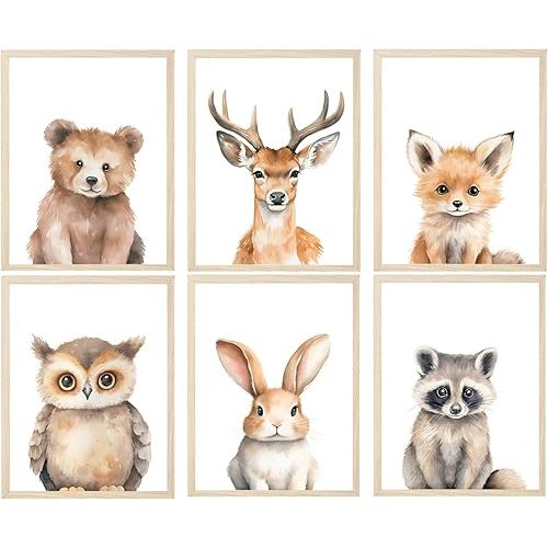 6 Animal Wall Art for Kids Room, Baby Room, Woodland Animals, Cute Bear, Deer, Rabbit Poster Prints, Safari Themed Paintings for Boys Girls Room (8x10 Inch Posters)