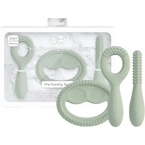 ezpz Oral Development Tools (3 Pack in Sage) - 3 Months+ - Non-Slip Loop, Smile and Stick 100% Silicone Tools - Prepare for Chewing + Solids - Baby-Led Weaning Supplies