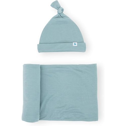 Little Unicorn Stretch Knit Swaddle and Hat Set | Super Soft | Large Baby Blanket for Swaddling, Burping, Nursing | Newborn Infant Beanie Cap | Harbor