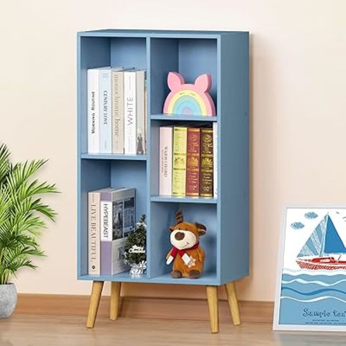 YAHARBO 5 Cube Bookshelf, Blue Kids Book Shelf with Cubby Storage,Wooden Modern Bookcase with Legs,3 Tier Freestanding Display Book Case,Children Toy Organizer,Bookshelves for Office,Nursery,Playroom