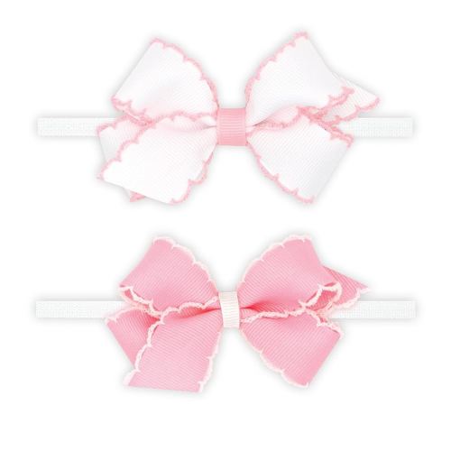 Wee Ones Girls' Gift Pack of Two Mini Moonstitch Grosgrain Bows on Skinny Nylon Head Bands, Mini, WHL/PRW