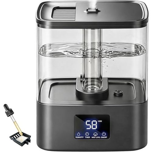 KZF 4L Top Fill Humidifiers for Bedroom & 60H Runtime - Cool Mist Humidifier, 3 Mist Levels, 8H Timer, Essential Oil Tray, Humidity Display, Quiet for Bedroom, Baby, Plants, Large Room (Black, 6L)