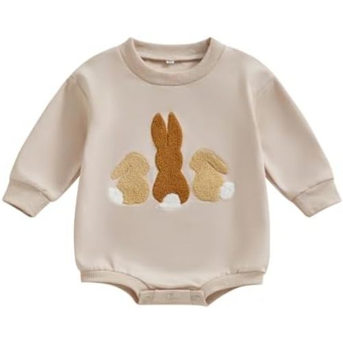 Lesimsam Newborn Baby Boy Girl Easter Outfit Bunny Embroidery Sweatshirt Romper Oversized Long Sleeve Bubble Romper Bodysuit