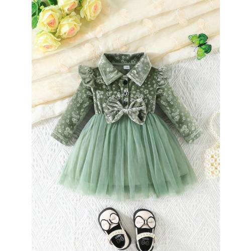 Infant Girls' Ruffle Collar Bowknot Ditsy Floral Mesh Layer Dress, Outdoor & Party | SHEIN USA