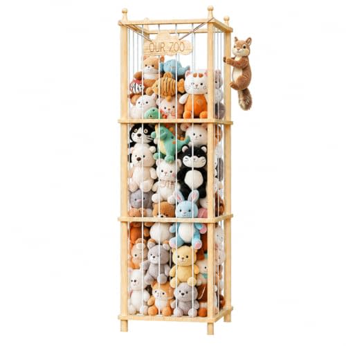 Stuffed Animal Storage, 54" Toy Organizer Tower, Anti-Tip Design | Solid FSC-Certified Pine: Durable wooden frame with wall anchors & rounded corners to ensure maximum child safety.